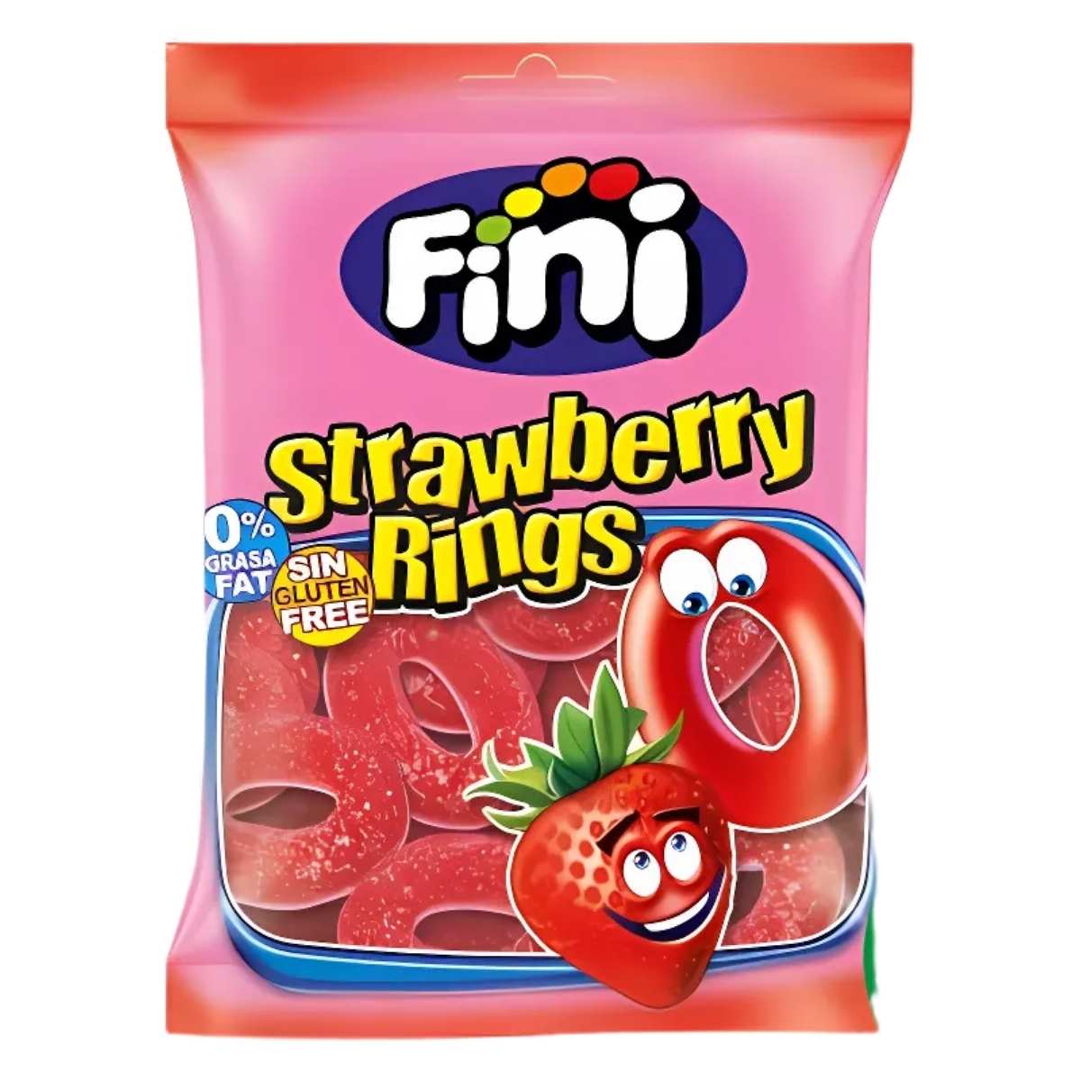 A 75g pink bag of Fini Strawberry Rings chewy candy, featuring fruit-flavored rings and a cartoon strawberry, labeled 0% fat and gluten-free. A 75g pink bag of Fini Strawberry Rings chewy candy, featuring fruit-flavored rings and a cartoon strawberry, labeled 0% fat and gluten-free.