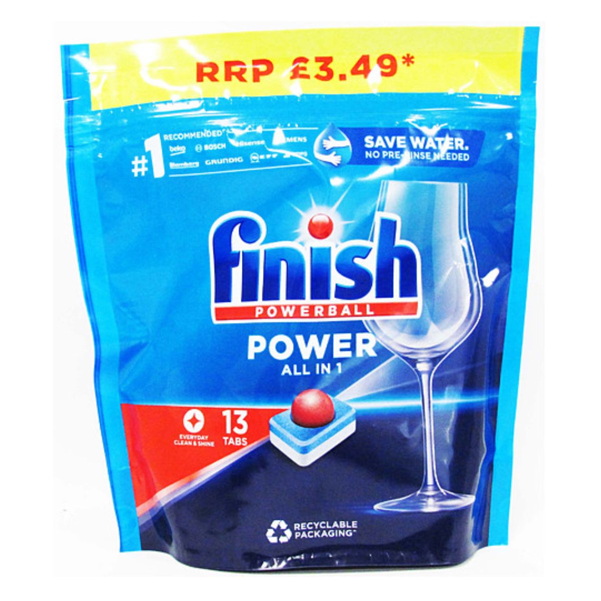A package of Finish - All In One - 13 Tablets dishwasher tablets, featuring a clear wine glass, priced at £3.49.