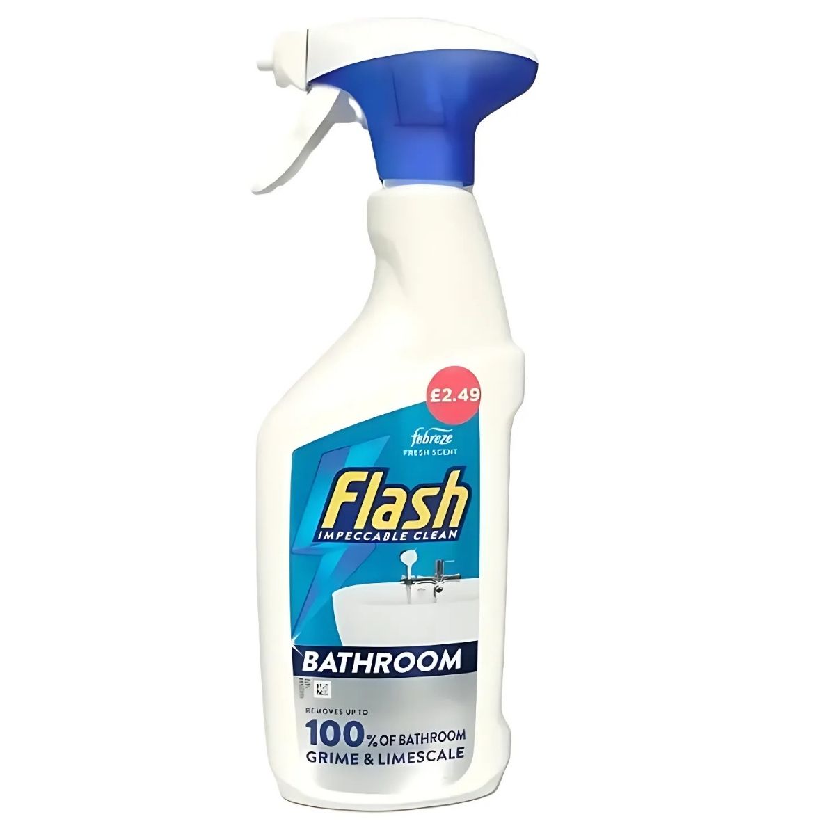 Flash Bathroom Cleaner spray, 500ml, features a blue nozzle and label with text "100% bathroom grime & limescale" and priced at £2.49. It contains powerful cleaning ingredients for a sparkling clean bathroom every time. Flash Bathroom Cleaner spray, 500ml, features a blue nozzle and label with text "100% bathroom grime & limescale" and priced at £2.49. It contains powerful cleaning ingredients for a sparkling clean bathroom every time.