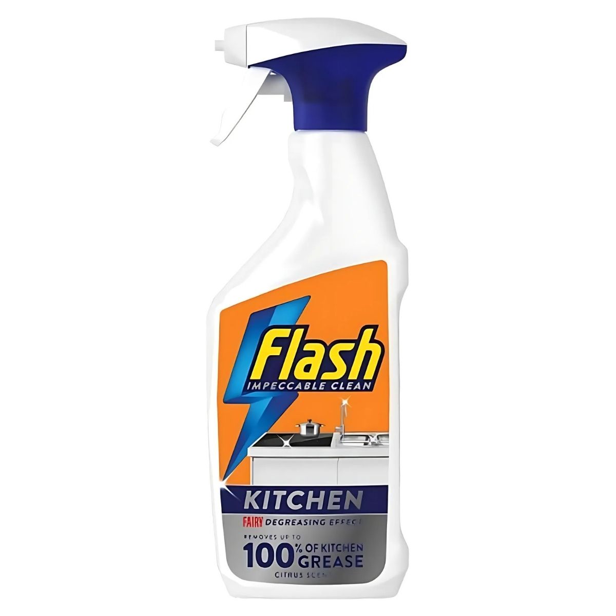 The Flash - Impeccable Clean Kitchen Spray Citrus Scent (500ml) has a powerful degreasing effect with a refreshing citrus aroma. The white bottle features a vibrant orange and blue label, combining effectiveness with an eye-catching design. The Flash - Impeccable Clean Kitchen Spray Citrus Scent (500ml) has a powerful degreasing effect with a refreshing citrus aroma. The white bottle features a vibrant orange and blue label, combining effectiveness with an eye-catching design.
