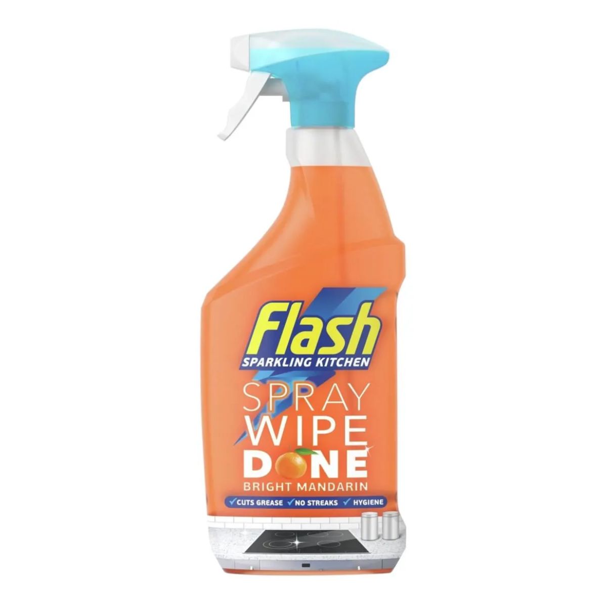 A bottle of Flash - Kitcen Spray Wipe Done Bright Mandarin - 800ml on a white background.