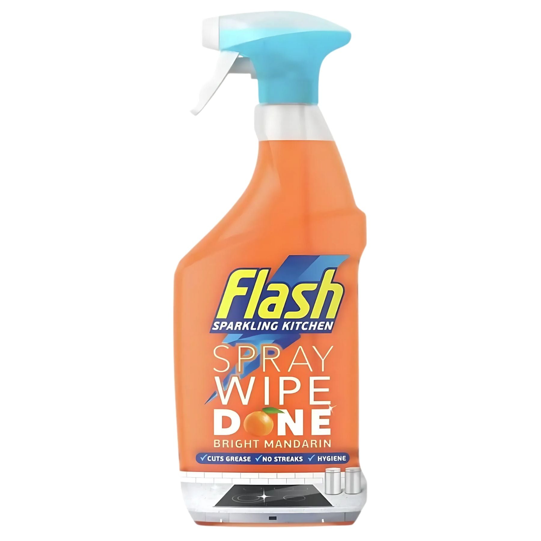 An 800ml orange bottle of Flash Kitchen Spray Wipe Done in Bright Mandarin scent with a blue and white spray nozzle. An 800ml orange bottle of Flash Kitchen Spray Wipe Done in Bright Mandarin scent with a blue and white spray nozzle.