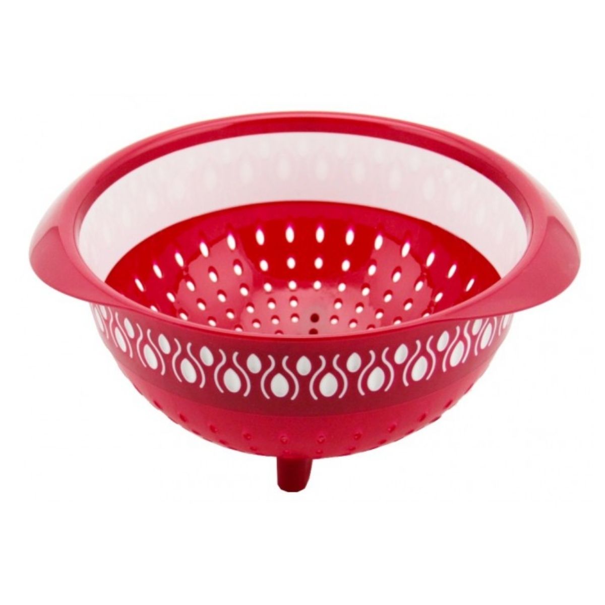 The Foly Life Monna Strainer is a red plastic colander with white patterns and draining holes, displayed against a plain white background. The Foly Life Monna Strainer is a red plastic colander with white patterns and draining holes, displayed against a plain white background.