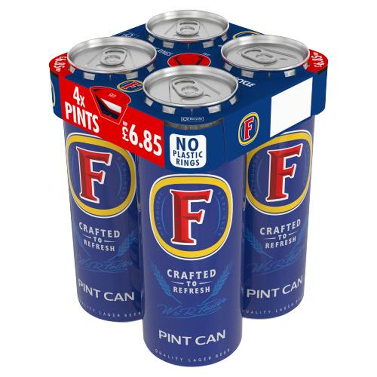 A pack of four Fosters - Quality Lager Beer (3.7% ABV) - 4 x 568ml cans on a white background.