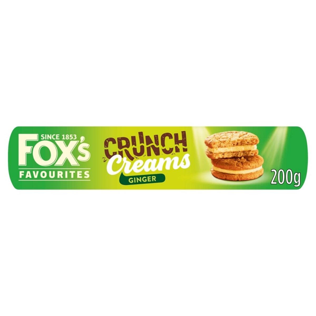 Packaging of Fox's Ginger Crunch Creams, 200g. Packaging of Fox's Ginger Crunch Creams, 200g.