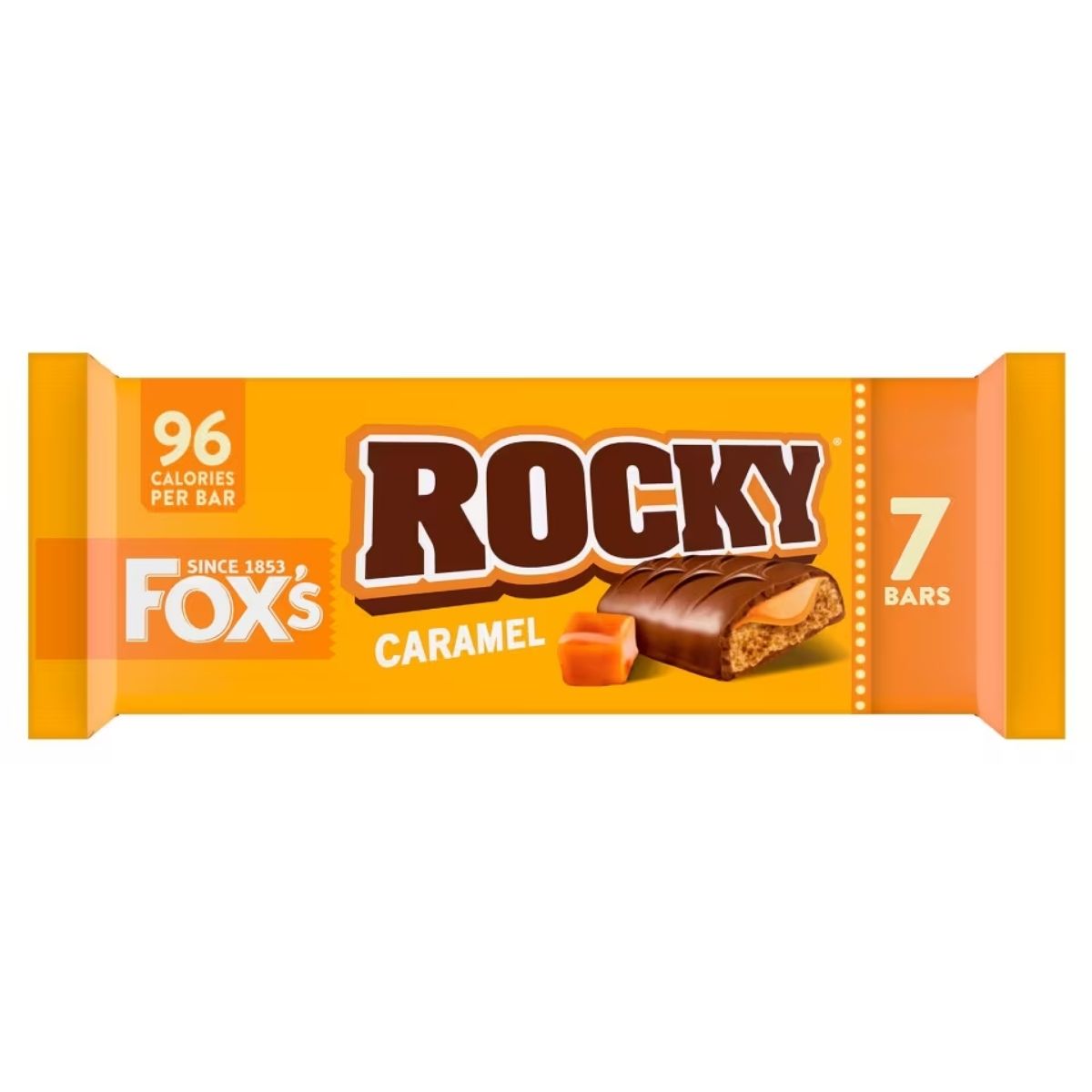 The packaging of Fox's Rocky Caramel Bars Multipack, featuring an enticing image of a chocolate-covered treat, highlights the fact that each bar contains just 96 calories. This pack includes 7 bars, ideal for indulging those sweet cravings. The packaging of Fox's Rocky Caramel Bars Multipack, featuring an enticing image of a chocolate-covered treat, highlights the fact that each bar contains just 96 calories. This pack includes 7 bars, ideal for indulging those sweet cravings.