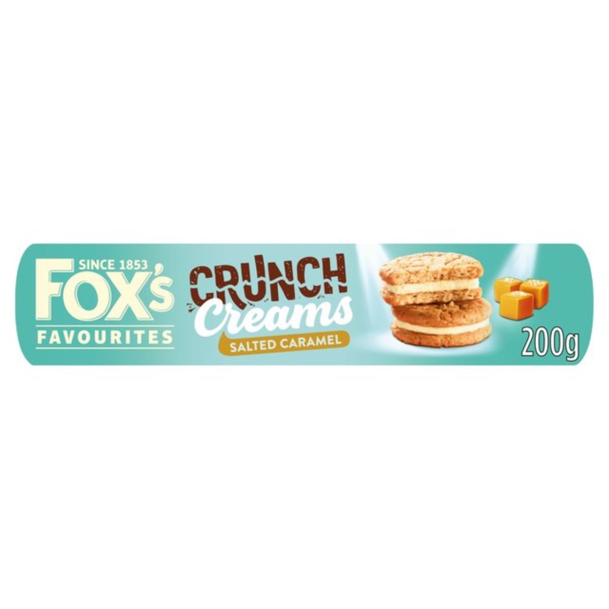 The packaging for Fox's Salted Caramel Crunch Creams, featuring two stacked cookies and pieces of caramel, 200g. The packaging for Fox's Salted Caramel Crunch Creams, featuring two stacked cookies and pieces of caramel, 200g.