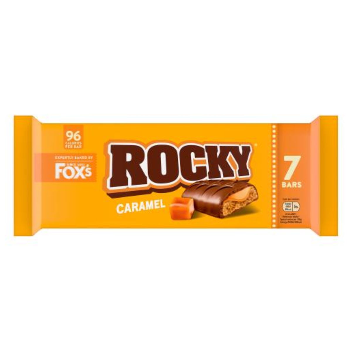 Packaging of Foxs - Rocky Caramel Bars - 7 x 19.5g, featuring the product logo and an image of the chocolate-covered caramel biscuit bar.
