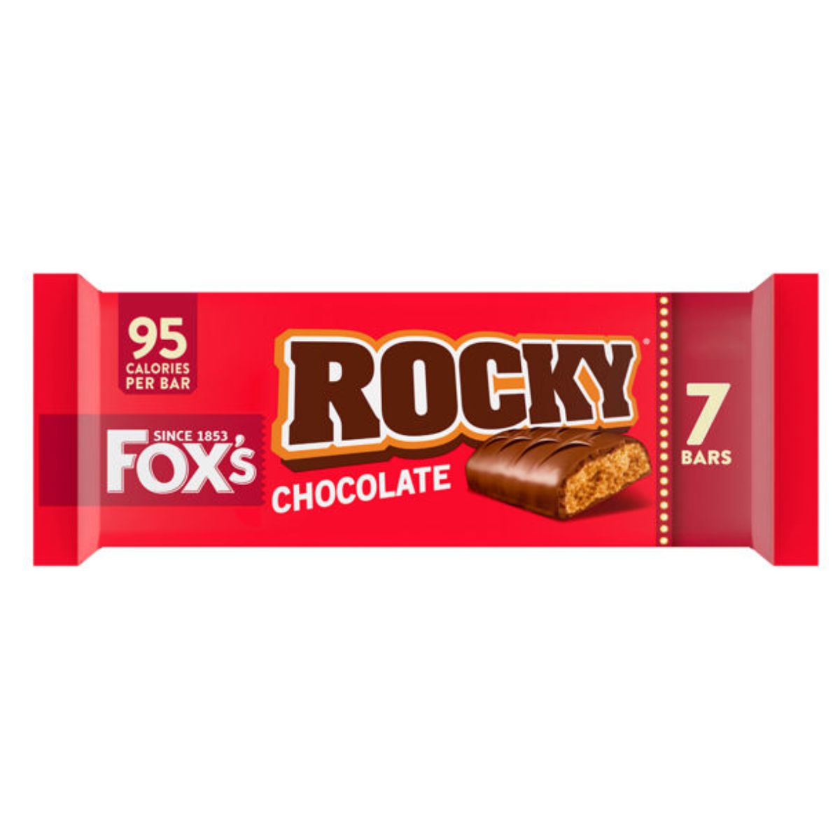 Packaging of Foxs - Rocky Chocolate Bars - 7 x 19g, displaying 7 bars with "95 calories per bar" noted, against a red background.