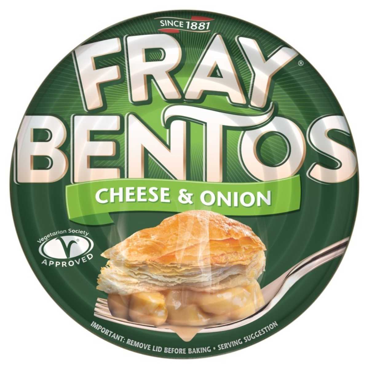 The Fray Bentos - Cheese & Onion Pie - 425g comes in a round tin adorned with a puff pastry image and contains rich Cheddar cheese. It is approved by the Vegetarian Society, marked "since 1881. The Fray Bentos - Cheese & Onion Pie - 425g comes in a round tin adorned with a puff pastry image and contains rich Cheddar cheese. It is approved by the Vegetarian Society, marked "since 1881.