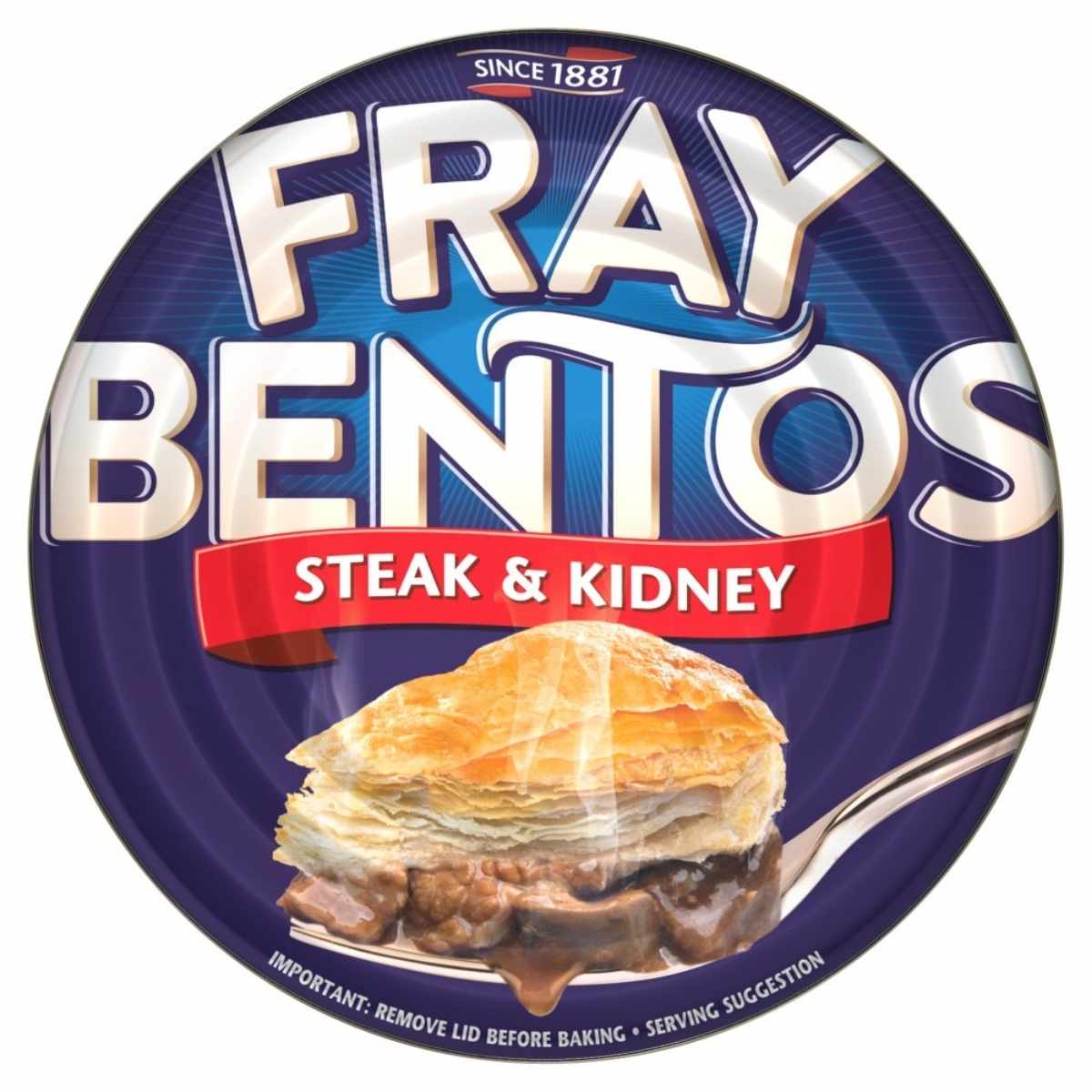 A tin can lid featuring "Fray Bentos - Steak & Kidney - 425g," boldly showcases an enticing image of a beef pie with golden pastry and filling on a spoon. A tin can lid featuring "Fray Bentos - Steak & Kidney - 425g," boldly showcases an enticing image of a beef pie with golden pastry and filling on a spoon.