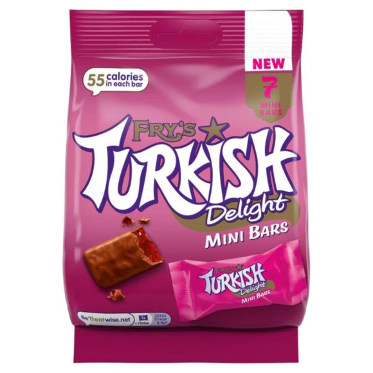 A pink package of Fry's Turkish Delight Mini Bars, ideal for indulging your sweet cravings, is marked as new and includes 7 delightful bars, each containing only 55 calories. A pink package of Fry's Turkish Delight Mini Bars, ideal for indulging your sweet cravings, is marked as new and includes 7 delightful bars, each containing only 55 calories.
