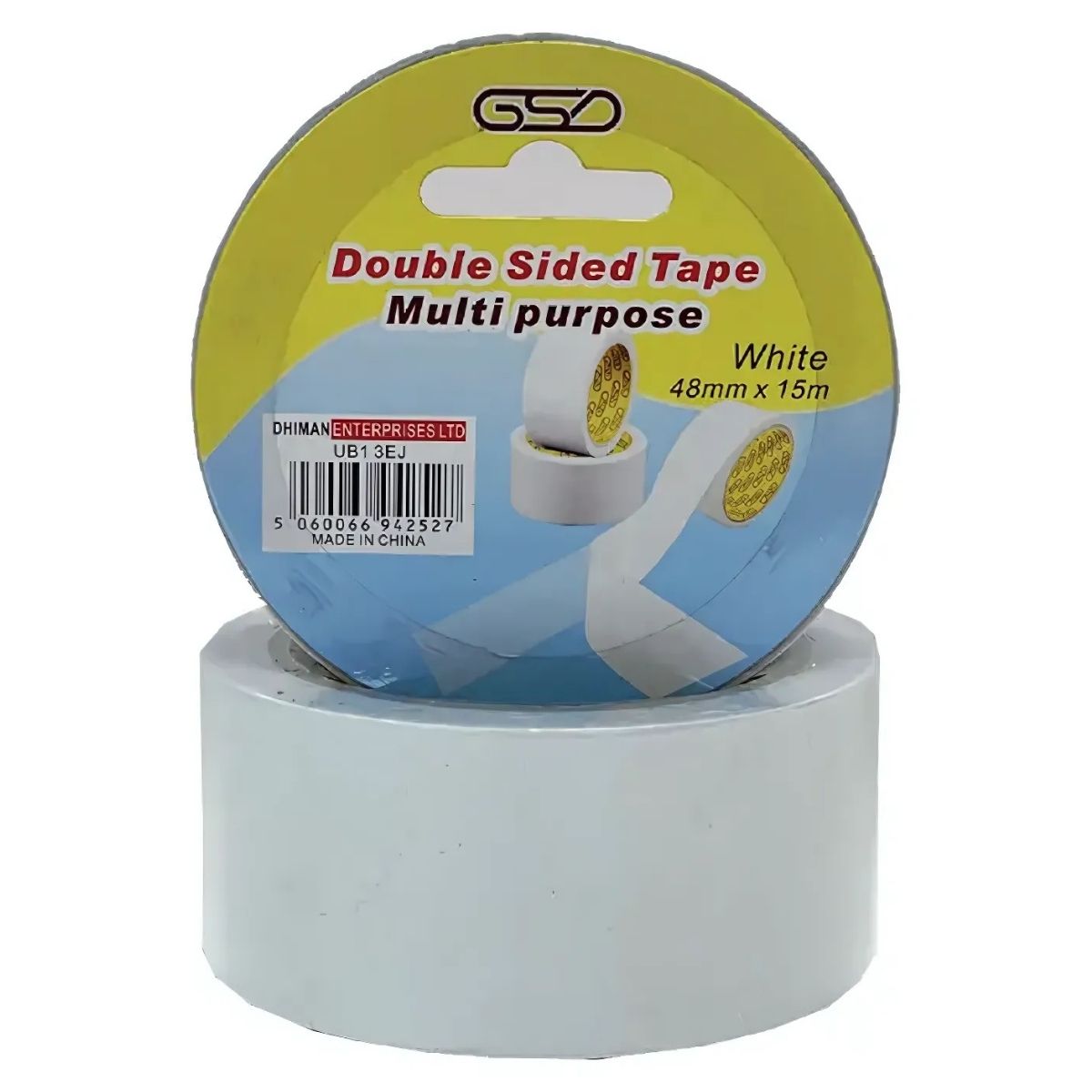 Roll of GSD Multi-Purpose Double Sided Tape, 48mm x 15m, labeled for all your sticking needs with a barcode and "Made in China. Roll of GSD Multi-Purpose Double Sided Tape, 48mm x 15m, labeled for all your sticking needs with a barcode and "Made in China.