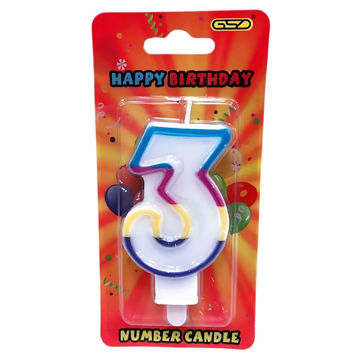 The GSD - Number 3 Candle is a festive candle with colorful edges, red and orange design, and "Happy Birthday" label, ideal for milestone celebrations. The GSD - Number 3 Candle is a festive candle with colorful edges, red and orange design, and "Happy Birthday" label, ideal for milestone celebrations.