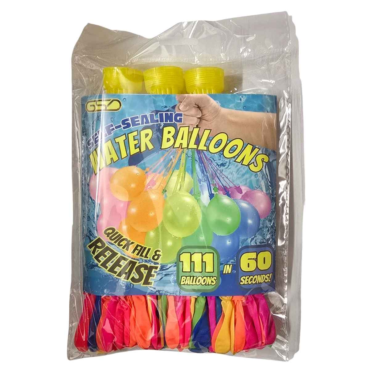 The GSD Self Sealing Water Balloons (111 pieces) deliver outdoor fun with vibrant colors, “111 balloons in 60 seconds,” and “quick fill & release” on the pack—making summer play easy and exciting. The GSD Self Sealing Water Balloons (111 pieces) deliver outdoor fun with vibrant colors, “111 balloons in 60 seconds,” and “quick fill & release” on the pack—making summer play easy and exciting.