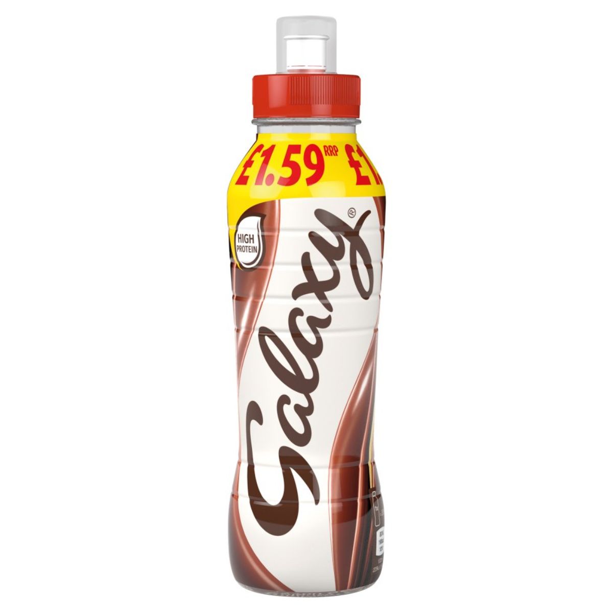 A bottle of Galaxy - Chocolate Milkshake Drink - 350ml on a white background. A bottle of Galaxy - Chocolate Milkshake Drink - 350ml on a white background.