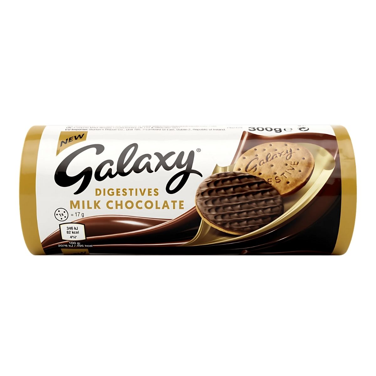A 300g pack of Galaxy Digestives Milk Chocolate Biscuits features the Galaxy brand and includes both a chocolate-coated and a plain digestive biscuit for a crunchy, delicious snack. A 300g pack of Galaxy Digestives Milk Chocolate Biscuits features the Galaxy brand and includes both a chocolate-coated and a plain digestive biscuit for a crunchy, delicious snack.