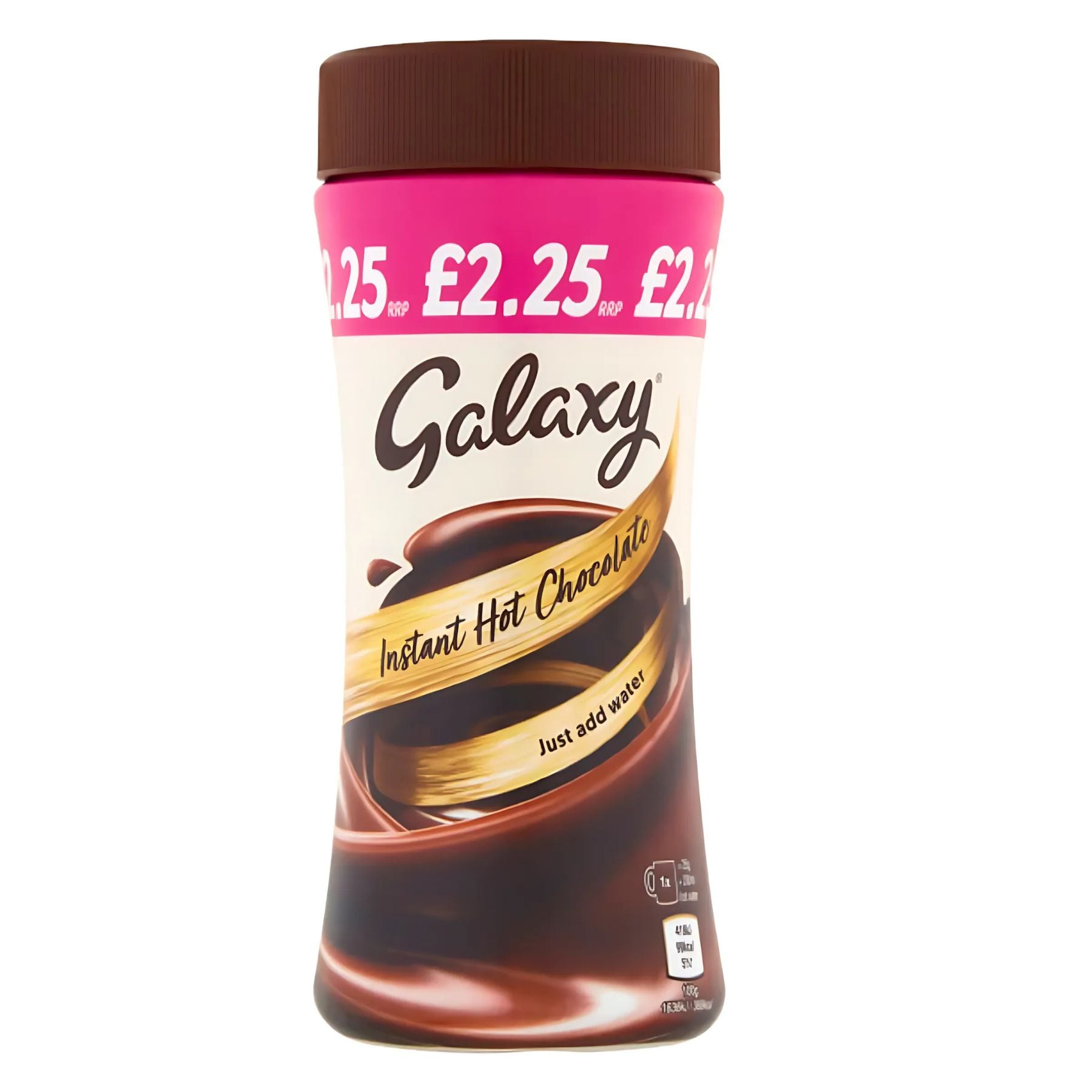 A 250g container of Galaxy Instant Hot Chocolate with a brown lid and pink label, priced at £2.25. The packaging reads "Just add water" for delicious hot chocolate made with smooth Galaxy chocolate. A 250g container of Galaxy Instant Hot Chocolate with a brown lid and pink label, priced at £2.25. The packaging reads "Just add water" for delicious hot chocolate made with smooth Galaxy chocolate.