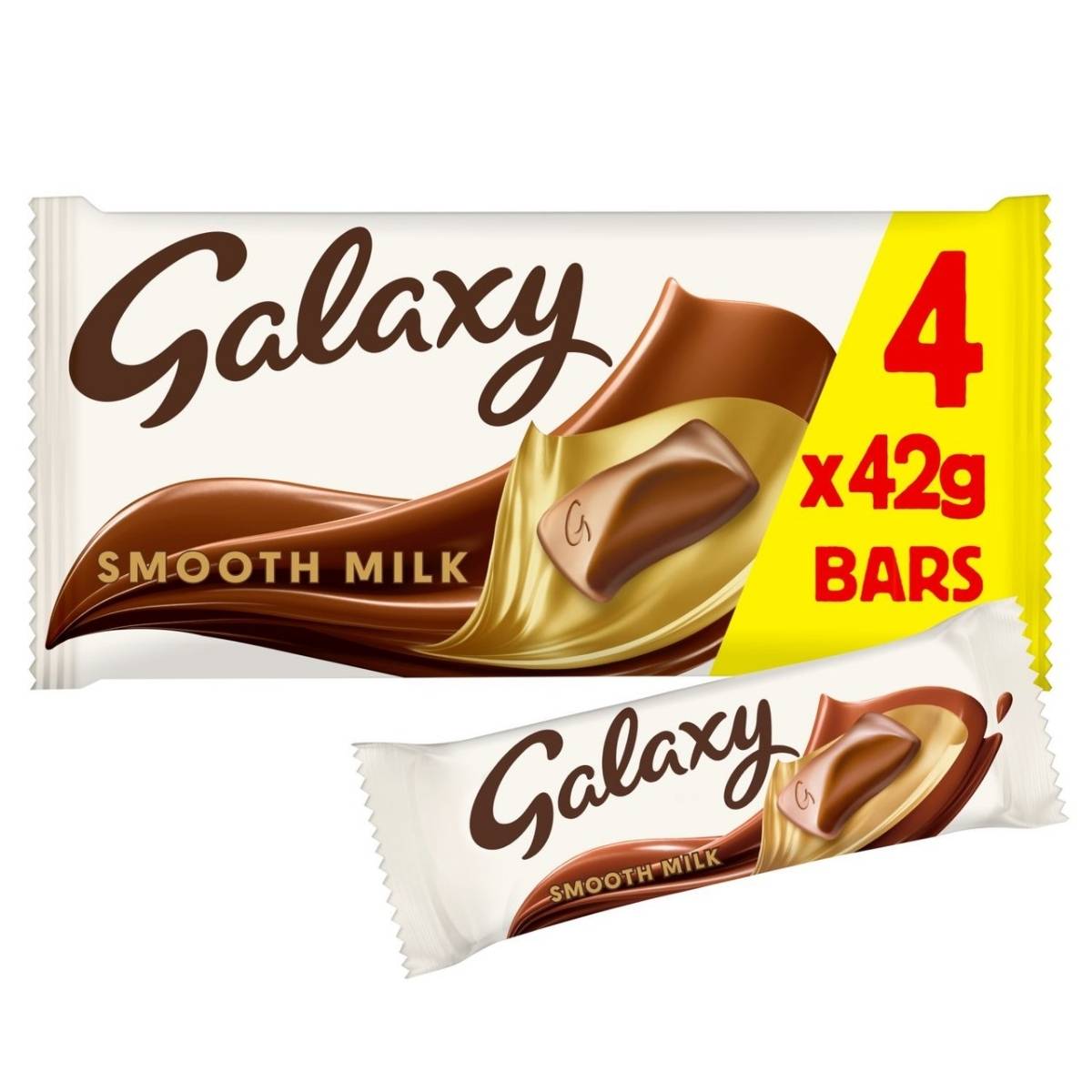 The Galaxy - Smooth Milk Chocolate Bar pack contains four 42g bars, with one bar unwrapped to reveal its creamy goodness. The Galaxy - Smooth Milk Chocolate Bar pack contains four 42g bars, with one bar unwrapped to reveal its creamy goodness.