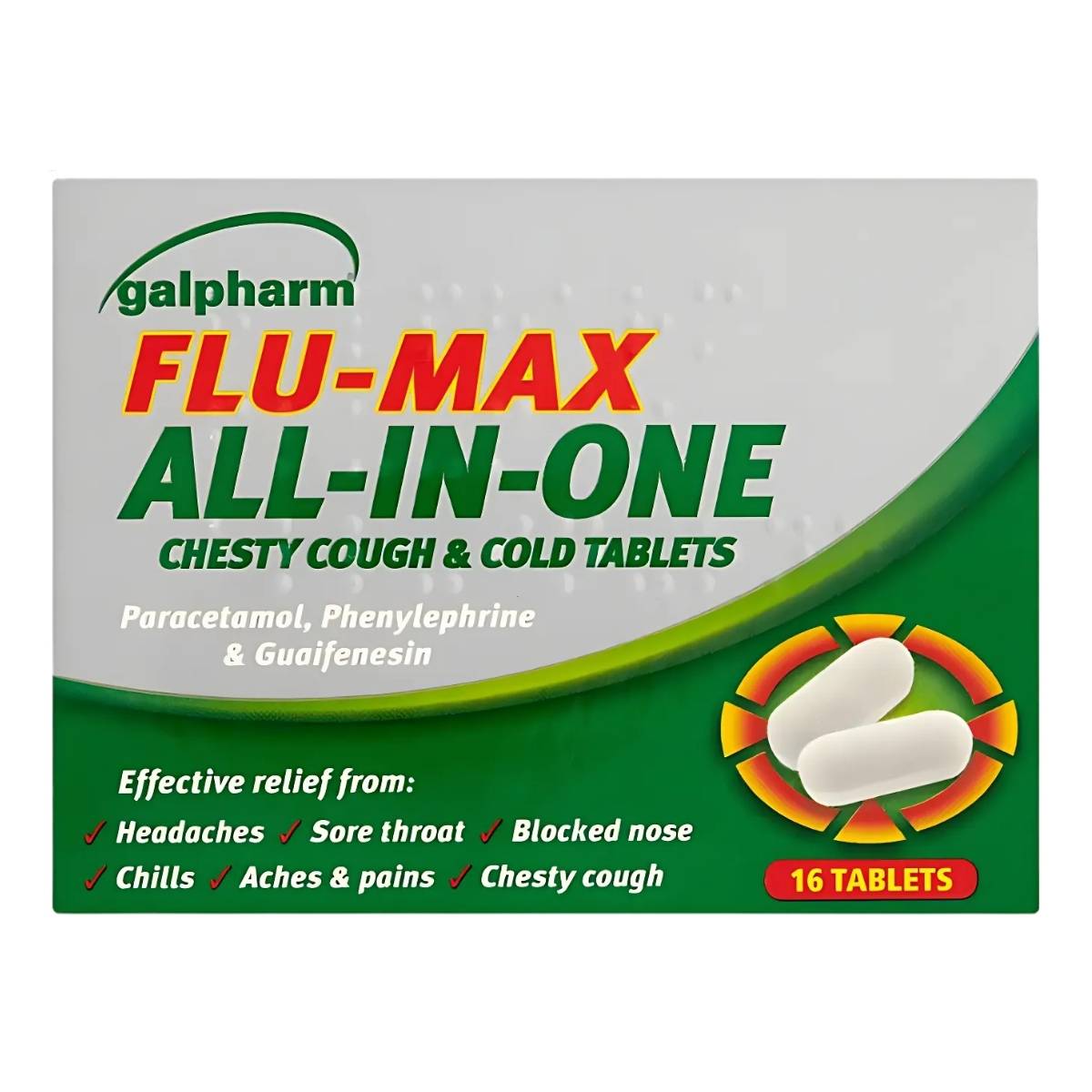 Galpharm - Flu-Max All-In-One offers a box of 16 tablets designed to provide maximum relief for chesty coughs, colds, headaches, sore throats, and other symptoms. Galpharm - Flu-Max All-In-One offers a box of 16 tablets designed to provide maximum relief for chesty coughs, colds, headaches, sore throats, and other symptoms.