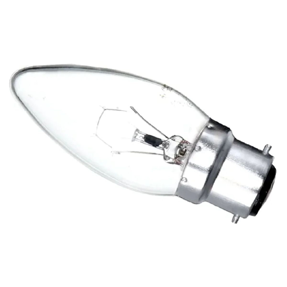 The image shows a General Electric Candle Bayonet Light Bulb, 25W, featuring a clear, tapered design with a metal base, placed horizontally on a white background. The image shows a General Electric Candle Bayonet Light Bulb, 25W, featuring a clear, tapered design with a metal base, placed horizontally on a white background.