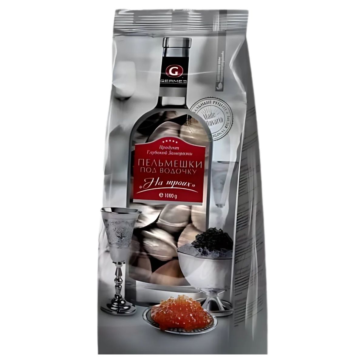 The package shows Germes - Frozen Pork & Beef Filled Dumplings Silver Edition (1Kg), with a bottle, glass, bowl of black caviar, and portion of red caviar in front, plus Russian text on the label. The package shows Germes - Frozen Pork & Beef Filled Dumplings Silver Edition (1Kg), with a bottle, glass, bowl of black caviar, and portion of red caviar in front, plus Russian text on the label.