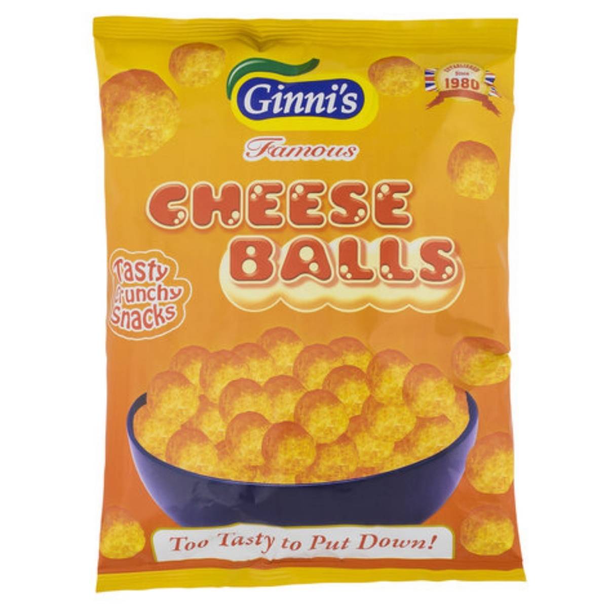 Ginni's - Cheese Balls Baked Not Fried - 90g showcases cheesy snacks in a bowl. The orange package features the phrases: "Tasty Crunchy Snacks" and "Too Tasty to Put Down!" offering an irresistible crunchy flavor. Ginni's - Cheese Balls Baked Not Fried - 90g showcases cheesy snacks in a bowl. The orange package features the phrases: "Tasty Crunchy Snacks" and "Too Tasty to Put Down!" offering an irresistible crunchy flavor.