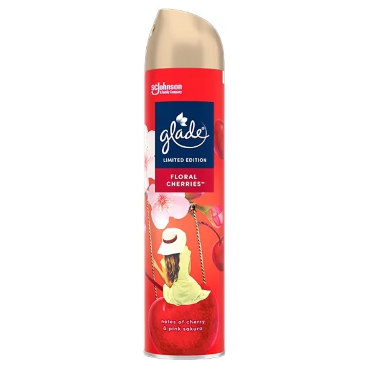 Glade Floral Cherries Air Freshener Spray 300ml, a limited edition with essential oils, features cherries, flowers, and a woman in a hat on a swing on its label. Glade Floral Cherries Air Freshener Spray 300ml, a limited edition with essential oils, features cherries, flowers, and a woman in a hat on a swing on its label.