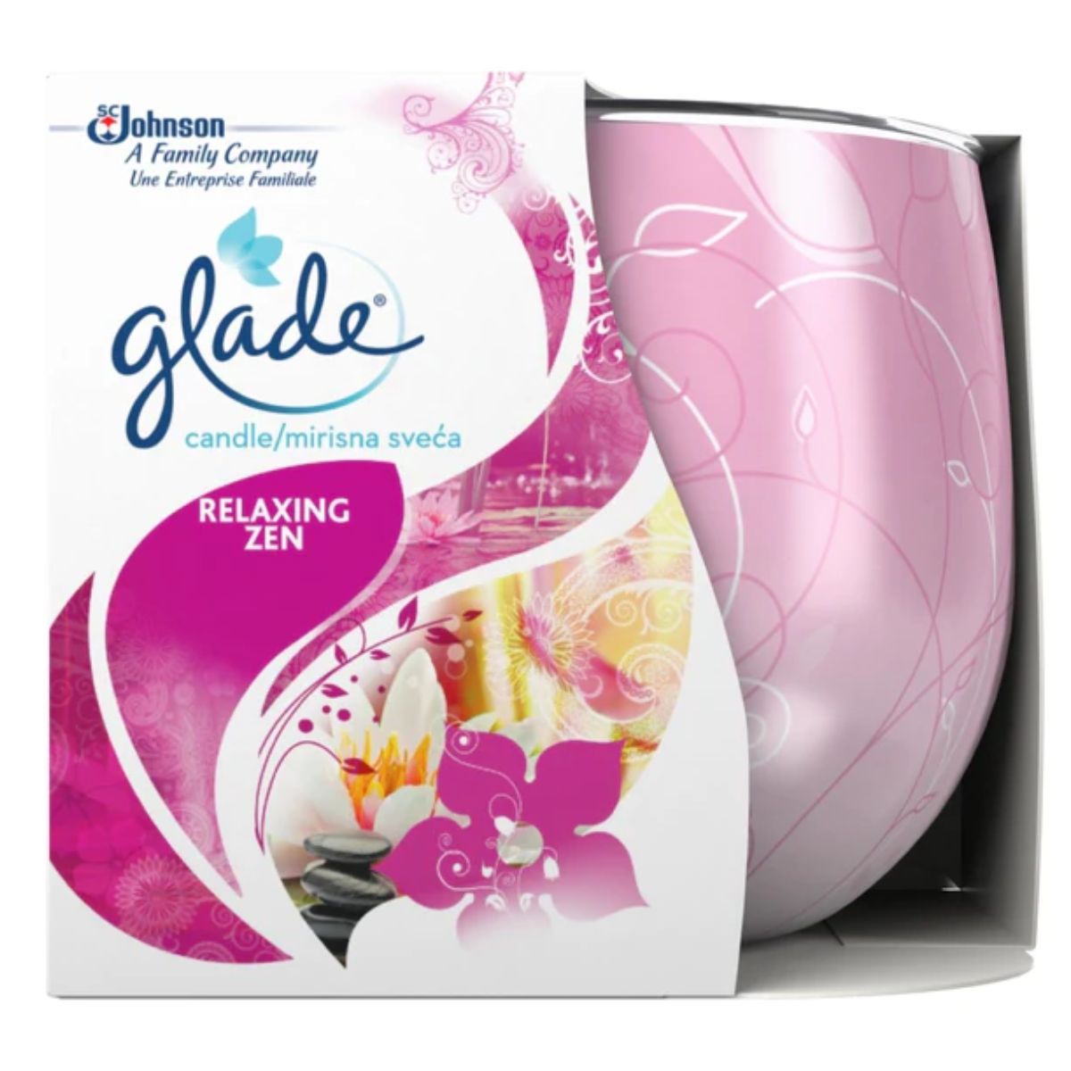 A box of Glade - Relaxing Zen - 120g in a pink box.