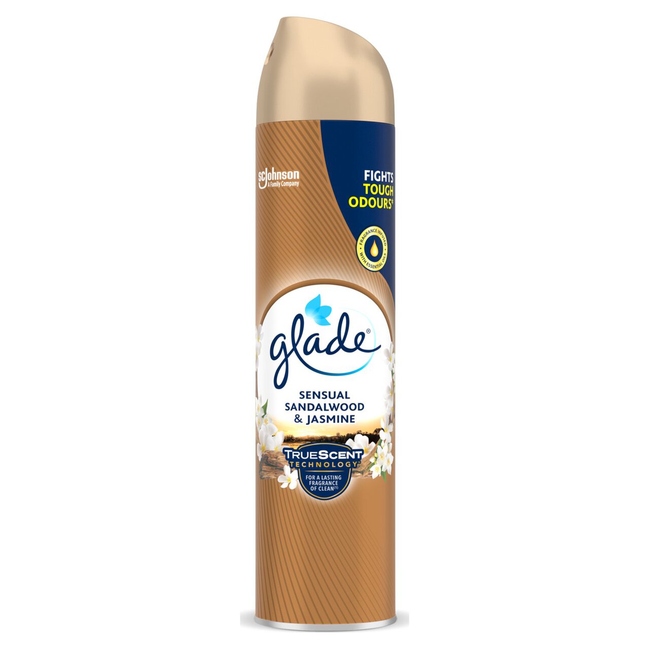 Glade Sensual Sandalwood & Jasmine Air Freshener Spray (300ml) features a gold cap and a label claiming it fights tough odors. Glade Sensual Sandalwood & Jasmine Air Freshener Spray (300ml) features a gold cap and a label claiming it fights tough odors.