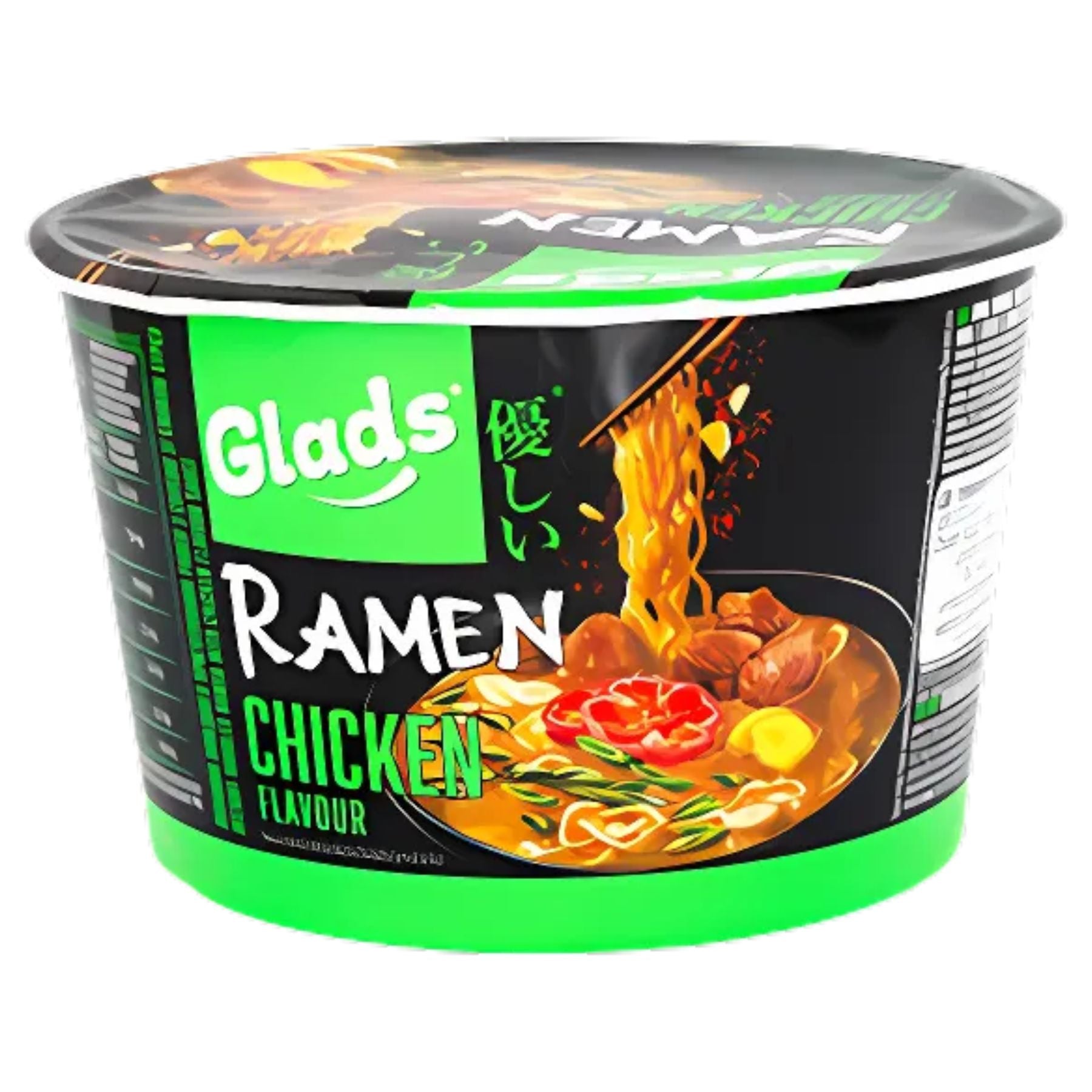 A 105g container of Glads - Chicken Flavour Ramen, inspired by Korean cuisine, features illustrated ramen noodles, vegetables, and broth on its packaging. A 105g container of Glads - Chicken Flavour Ramen, inspired by Korean cuisine, features illustrated ramen noodles, vegetables, and broth on its packaging.