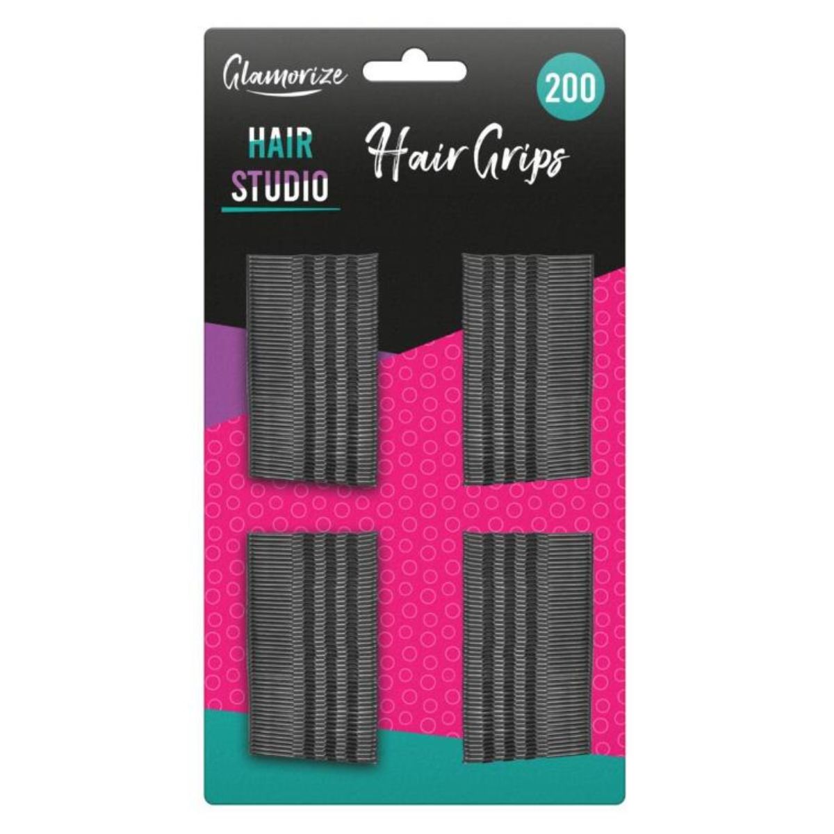 Packaging of "Glamorize - Hair Grips - 200pcs" containing 200 black hair grips.