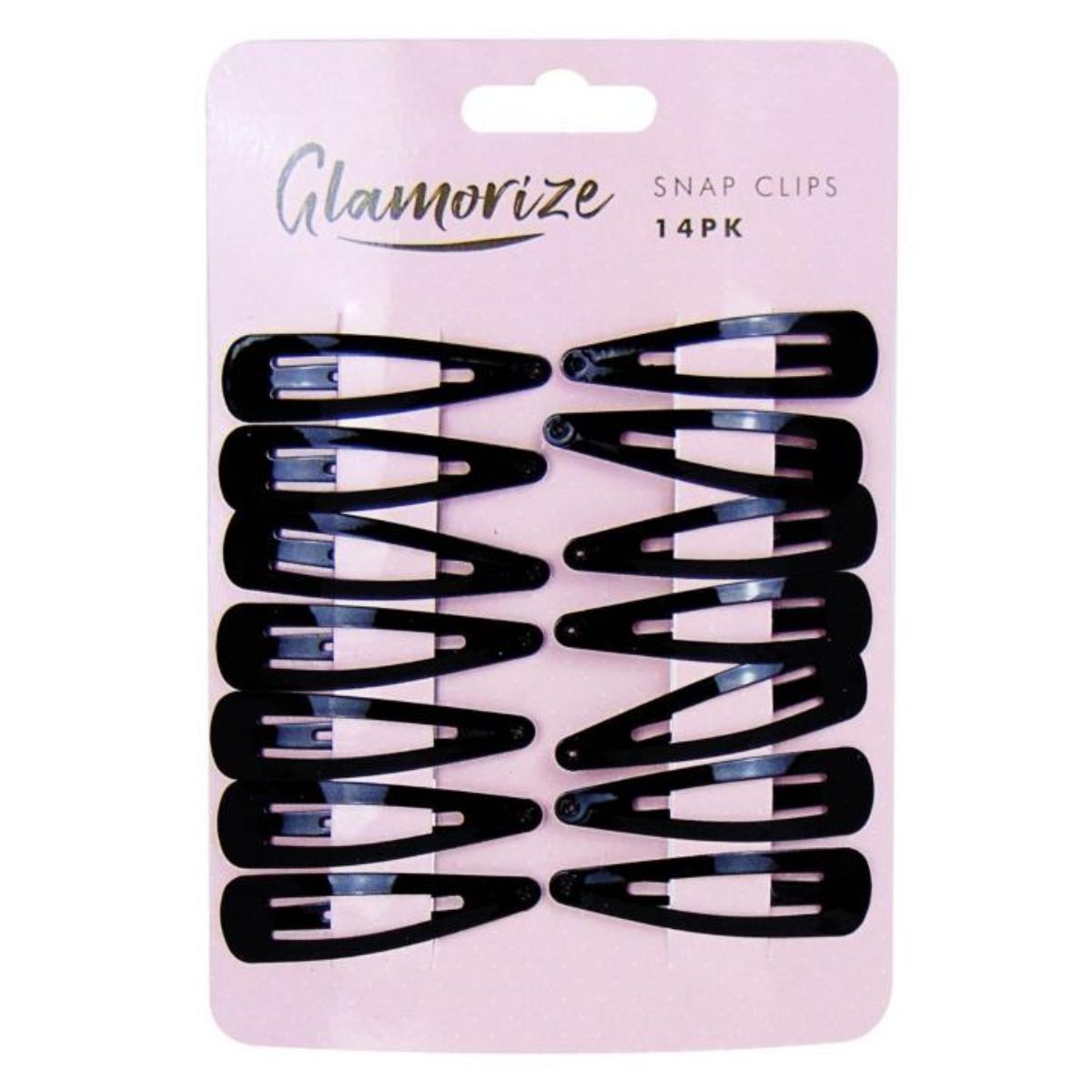 A pack of Glamorize Snap Clips - 14pcs displayed on a pink retail card.
