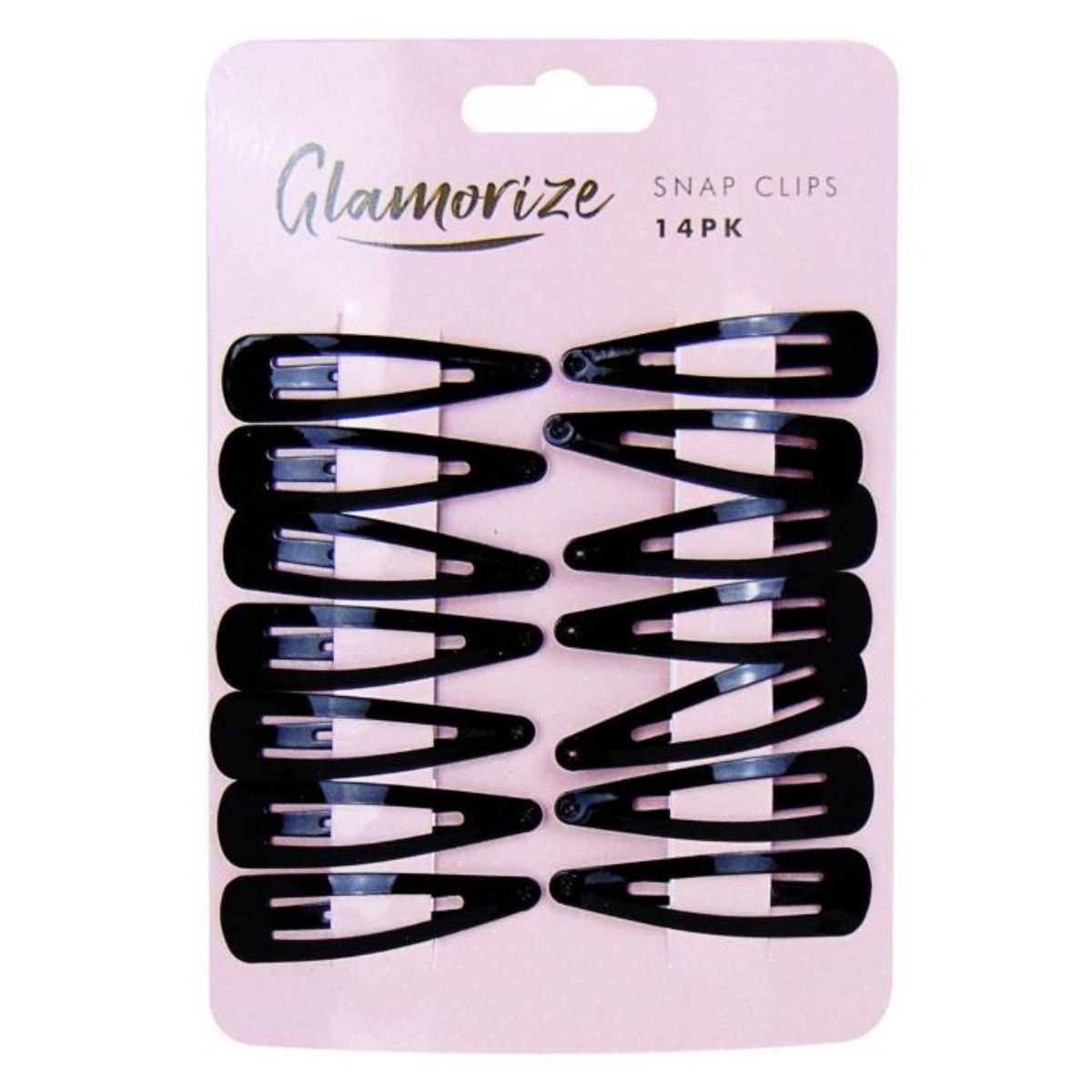 A pack of Glamorize Snap Clips - 14pcs displayed on a pink retail card. A pack of Glamorize Snap Clips - 14pcs displayed on a pink retail card.