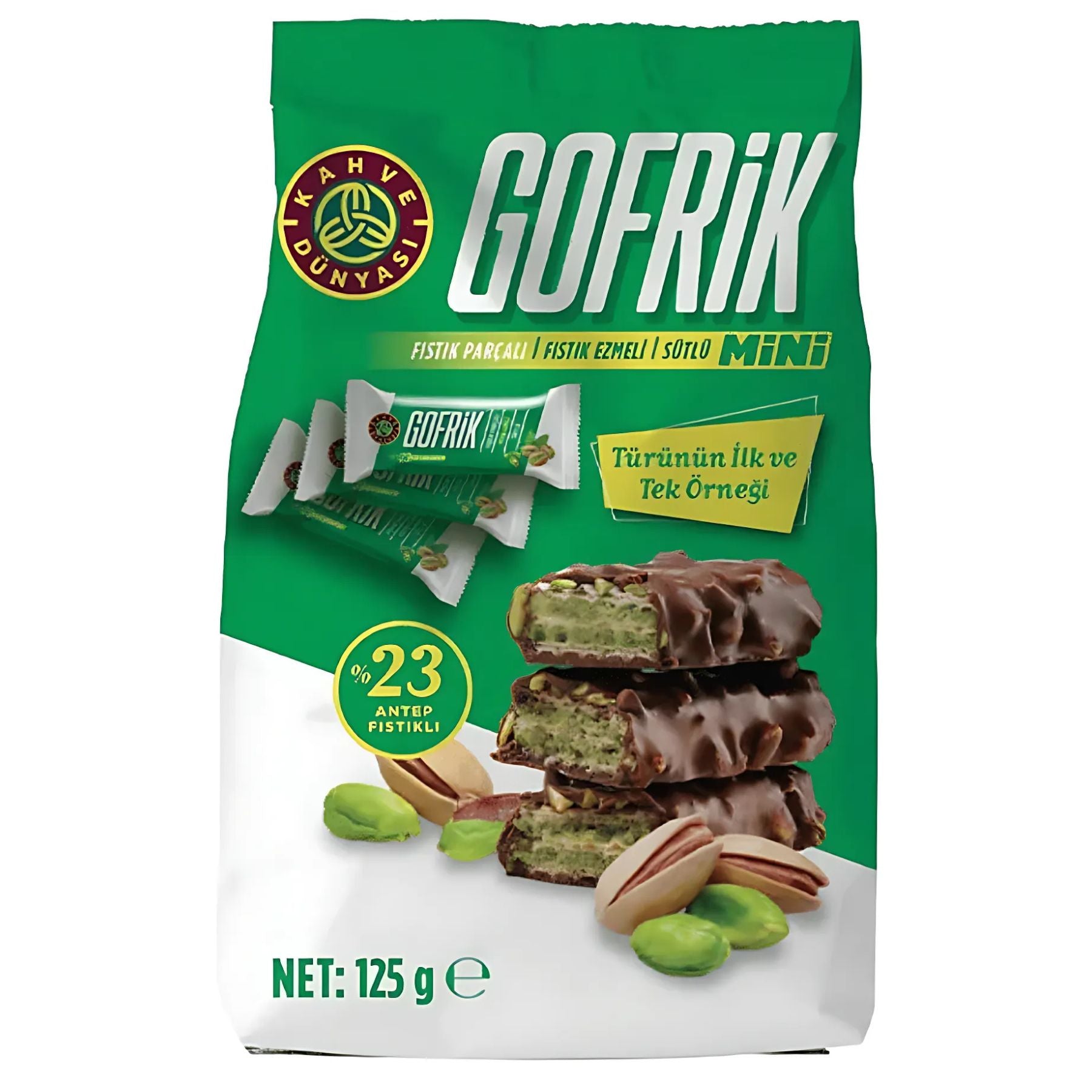 A 125g bag of Gofrik Mini Milk Chocolate Pistachio Wafer features individually wrapped, chocolate-coated wafer snacks with pistachios. A 125g bag of Gofrik Mini Milk Chocolate Pistachio Wafer features individually wrapped, chocolate-coated wafer snacks with pistachios.