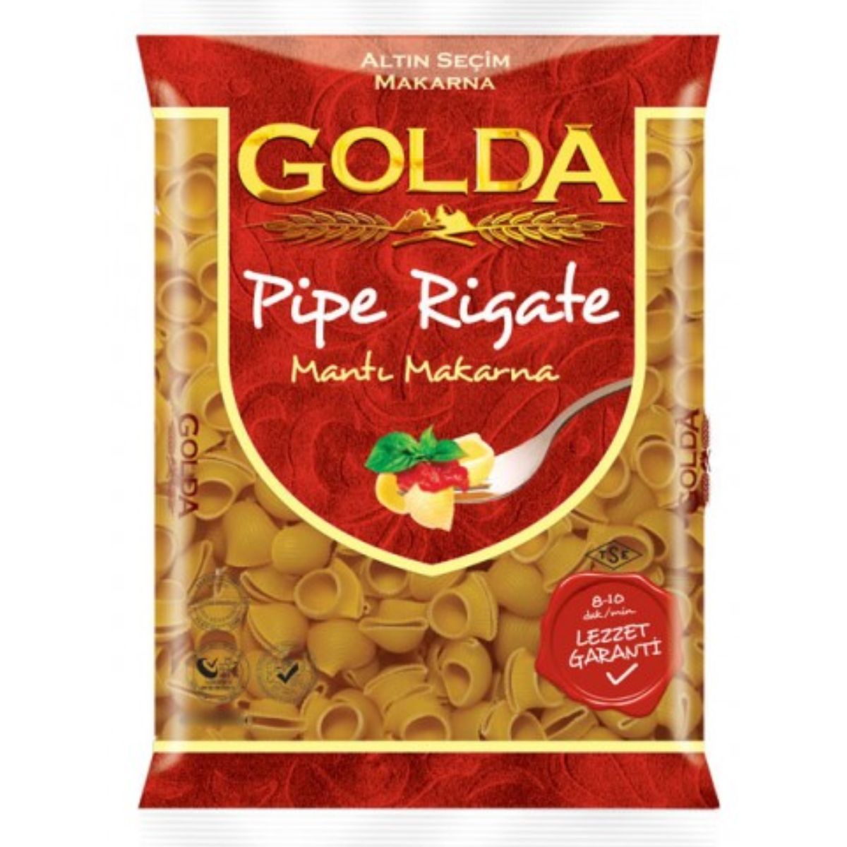 A pack of Golda - Pipe Rigate Pasta - 400g with a red and yellow design, depicting a spoon holding pasta and vegetables, labeled in Turkish: "Altin Seçim Makarna" and "Mantı Makarna." Cooking time is 8-10 minutes. A pack of Golda - Pipe Rigate Pasta - 400g with a red and yellow design, depicting a spoon holding pasta and vegetables, labeled in Turkish: "Altin Seçim Makarna" and "Mantı Makarna." Cooking time is 8-10 minutes.