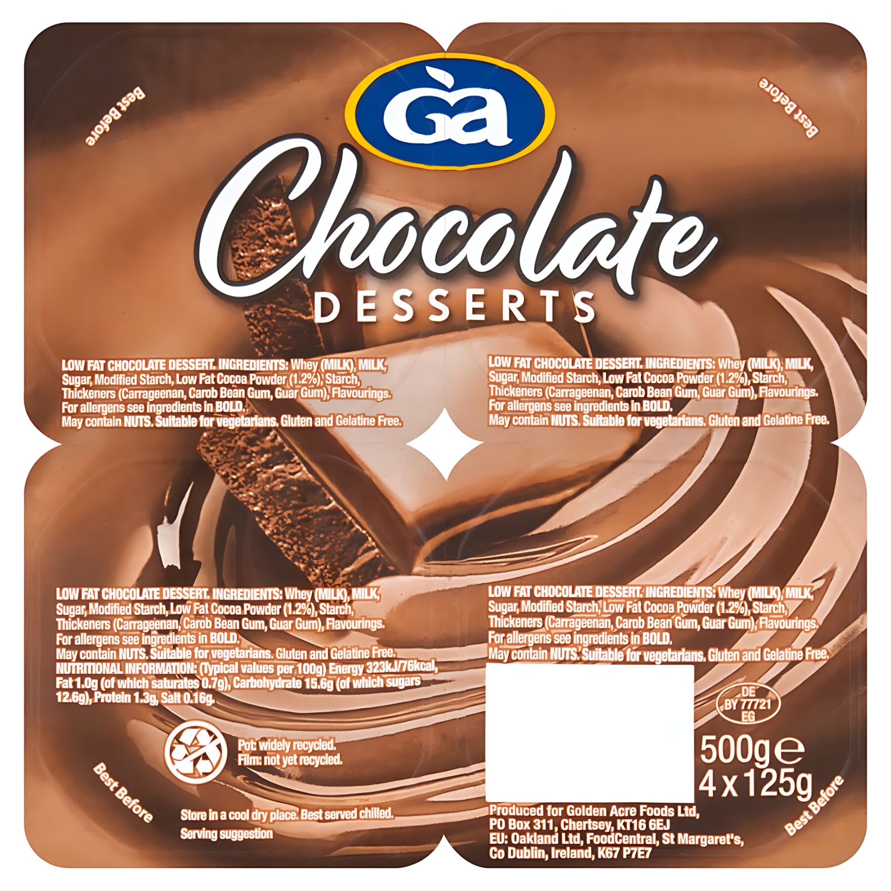 Golden Acre Chocolate Desserts - 4x125g: Vegetarian, gluten free, low fat chocolate desserts with swirling chocolate design on the pack. Each pot is 125g (total 500g). Full ingredients and info are provided on packaging. Golden Acre Chocolate Desserts - 4x125g: Vegetarian, gluten free, low fat chocolate desserts with swirling chocolate design on the pack. Each pot is 125g (total 500g). Full ingredients and info are provided on packaging.