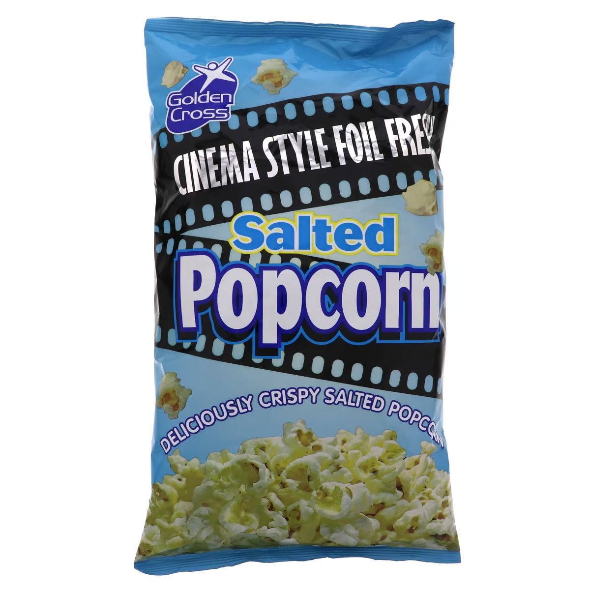 A bag of Golden Cross - Salted Popcorn - 150g on a white background. A bag of Golden Cross - Salted Popcorn - 150g on a white background.