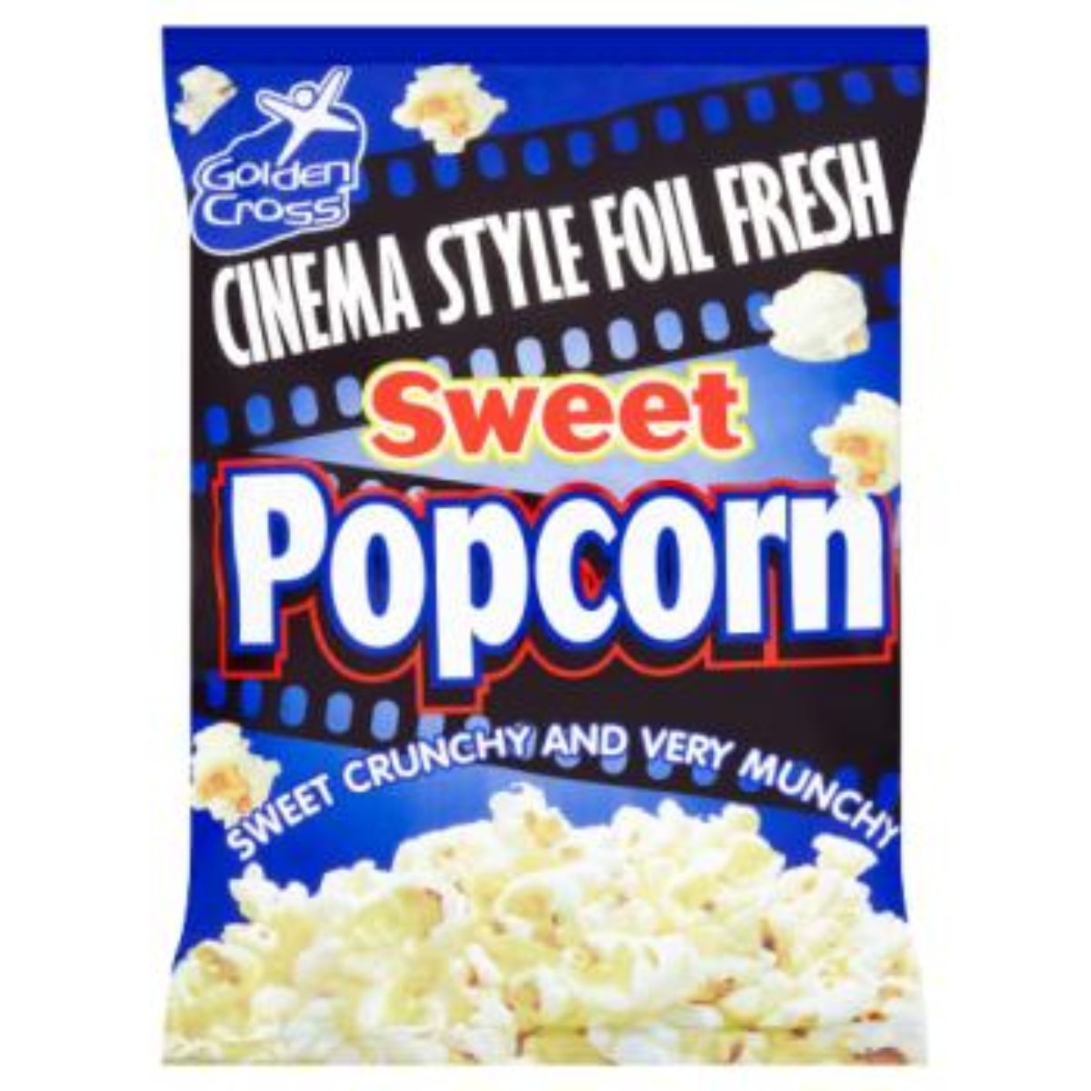 A bag of Golden Cross - Sweet Popcorn - 150g on a white background. A bag of Golden Cross - Sweet Popcorn - 150g on a white background.