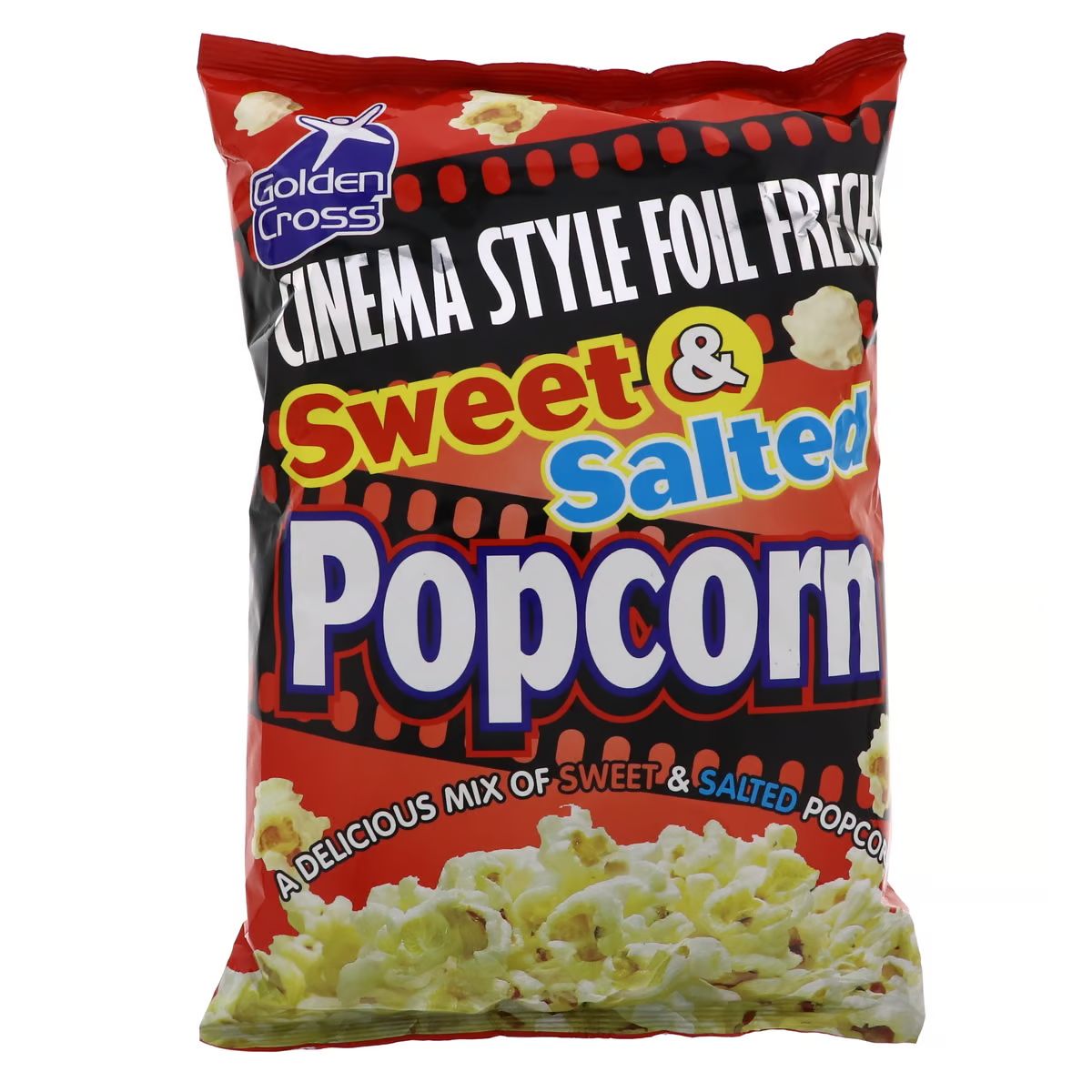 A bag of Golden Cross - Sweet & Salted Popcorn - 150g. A bag of Golden Cross - Sweet & Salted Popcorn - 150g.