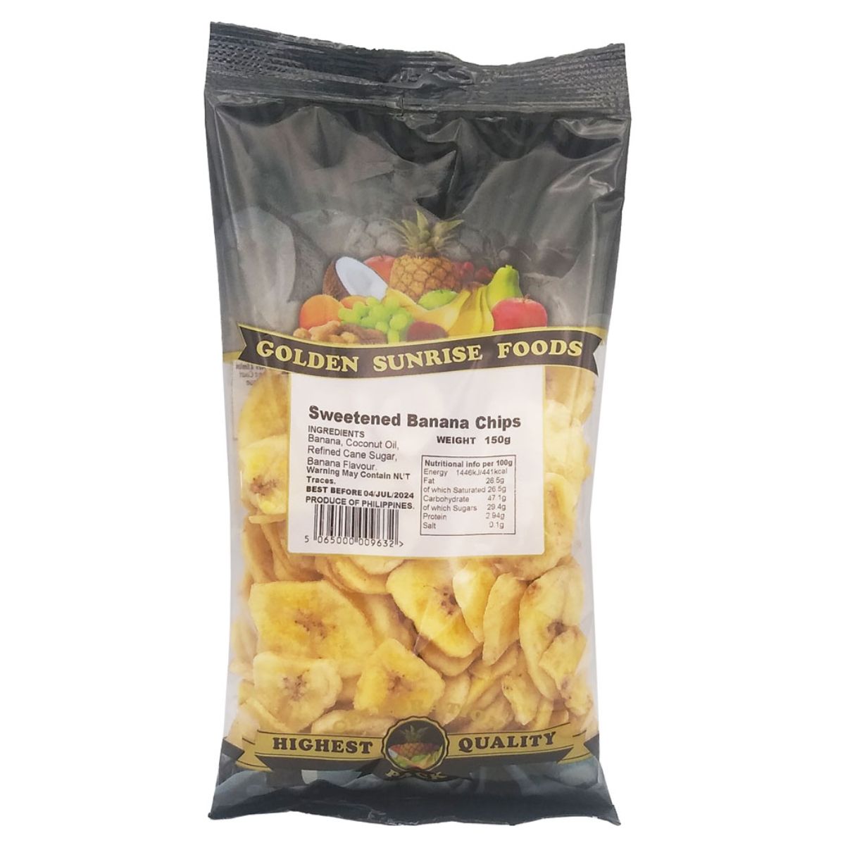 Sentence with replacement: Package of Golden Sunrise Foods - Sweetened Banana Chips - 150g.