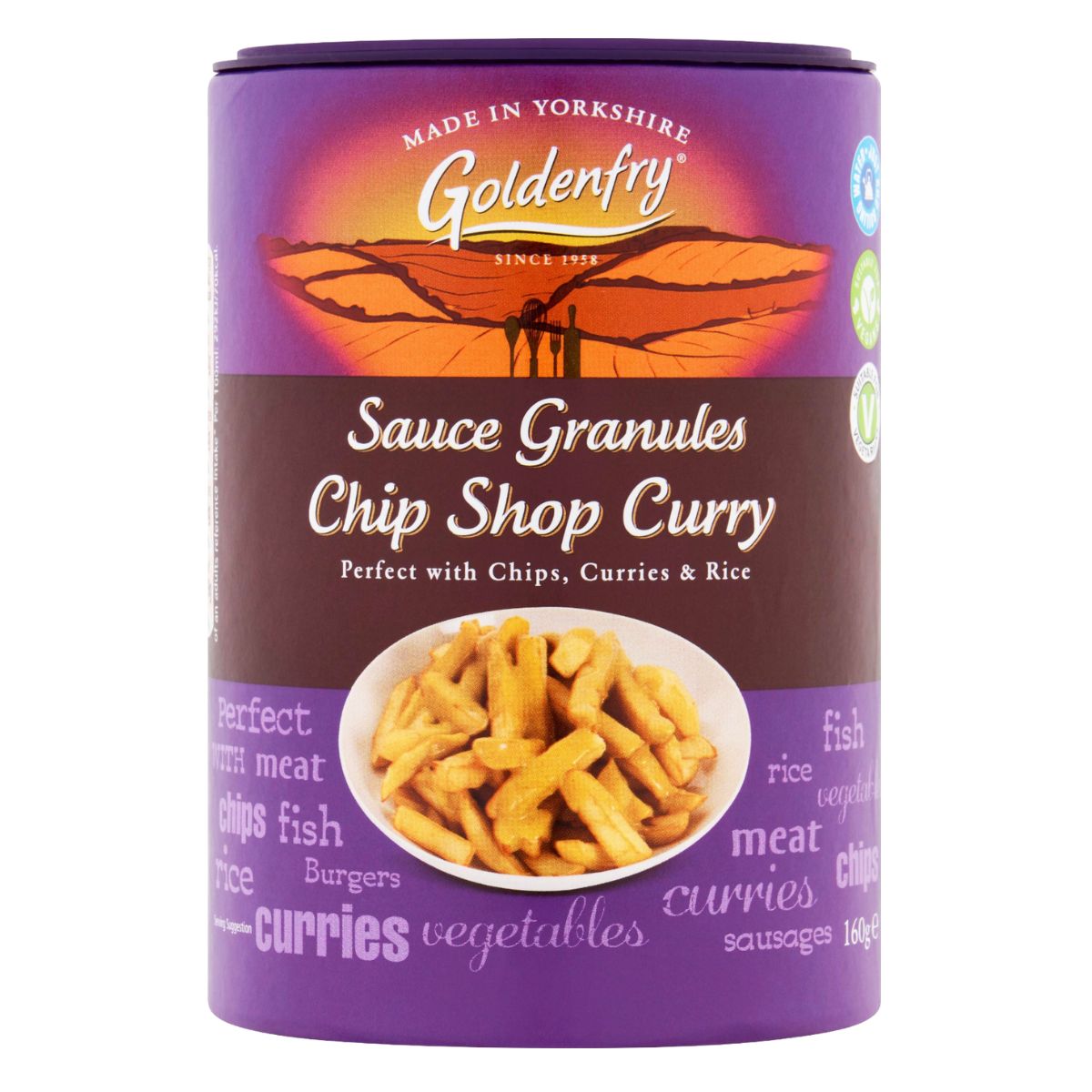 Sentence with product name: Container of Goldenfry - Chip Shop Curry Sauce Granules - 160g.
