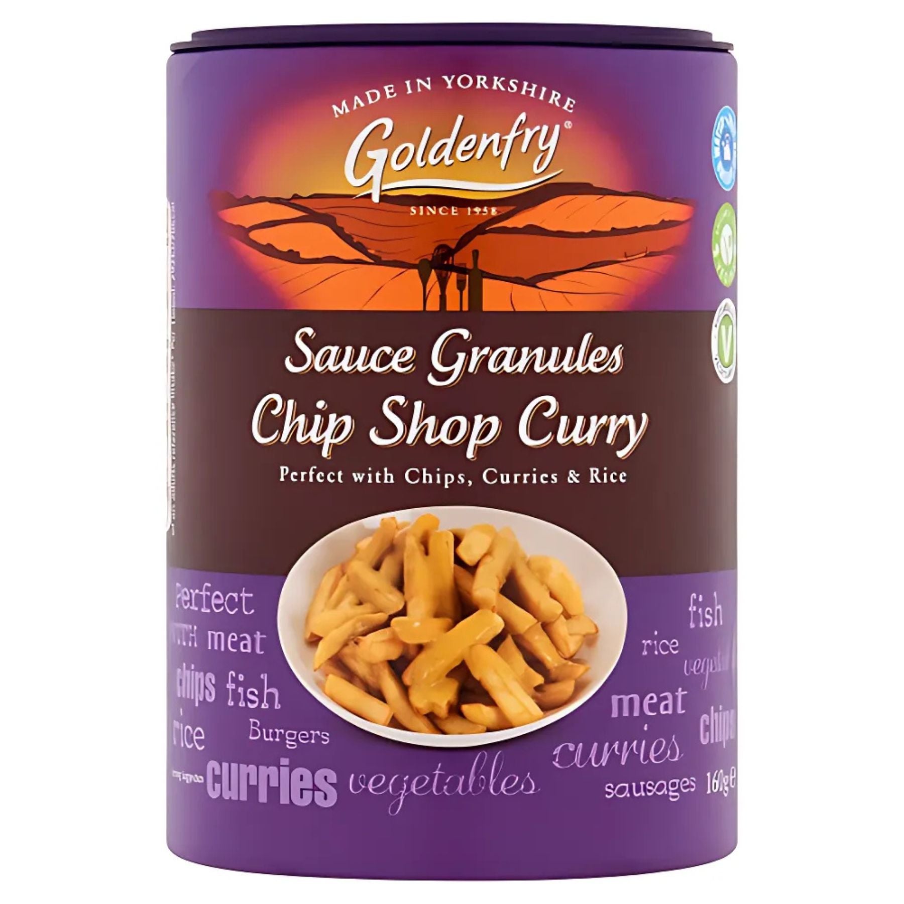 A 160g canister of Goldenfry Chip Shop Curry Sauce Granules, ideal for chips, curries, and rice. The packaging features curry sauce over chips. A 160g canister of Goldenfry Chip Shop Curry Sauce Granules, ideal for chips, curries, and rice. The packaging features curry sauce over chips.