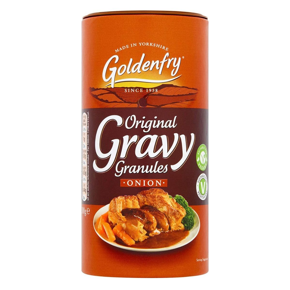 A can of Goldenfry - Onion Gravy Granules - 300g on a white background.