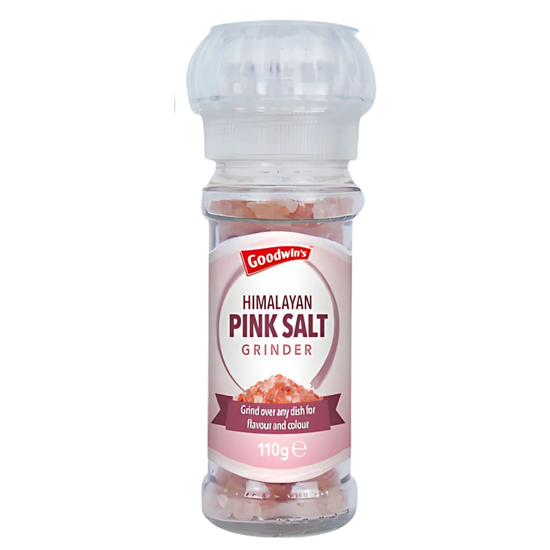 A clear plastic bottle labeled "Goodwins - Himalayan Pink Salt Grinder - 110g," filled with mineral-rich pink salt crystals. A clear plastic bottle labeled "Goodwins - Himalayan Pink Salt Grinder - 110g," filled with mineral-rich pink salt crystals.