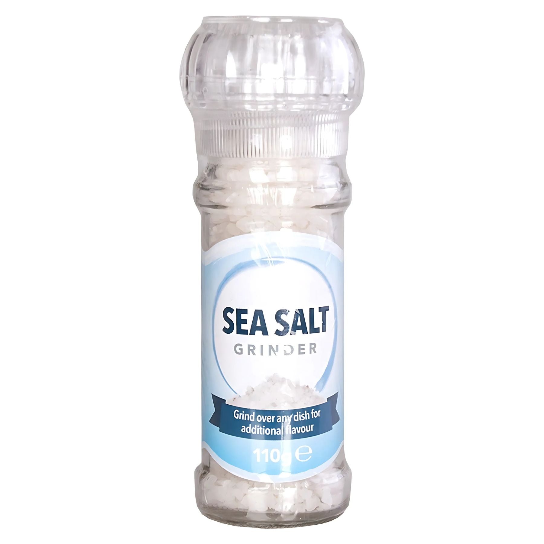 Goodwins Sea Salt Grinder contains 110g of natural sea salt crystals in a clear plastic grinder, labeled "Sea Salt Grinder" in blue and white. Goodwins Sea Salt Grinder contains 110g of natural sea salt crystals in a clear plastic grinder, labeled "Sea Salt Grinder" in blue and white.