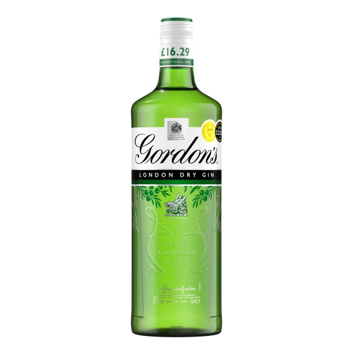 A bottle of Gordons - London Dry Gin (37.5% ABV) - 70cl on a white background.
