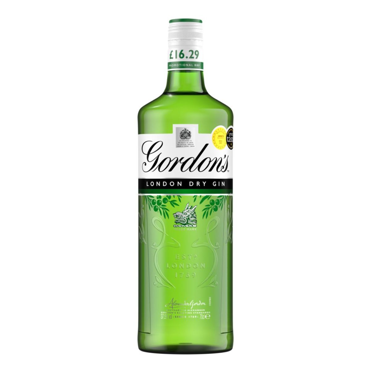 A bottle of Gordons - London Dry Gin (37.5% ABV) - 70cl on a white background. A bottle of Gordons - London Dry Gin (37.5% ABV) - 70cl on a white background.