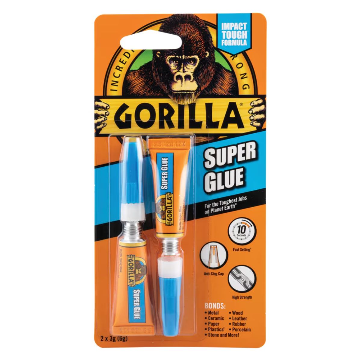 Packaging of Gorilla - Two Pack Superglue - 3g with two tubes displayed. Packaging of Gorilla - Two Pack Superglue - 3g with two tubes displayed.
