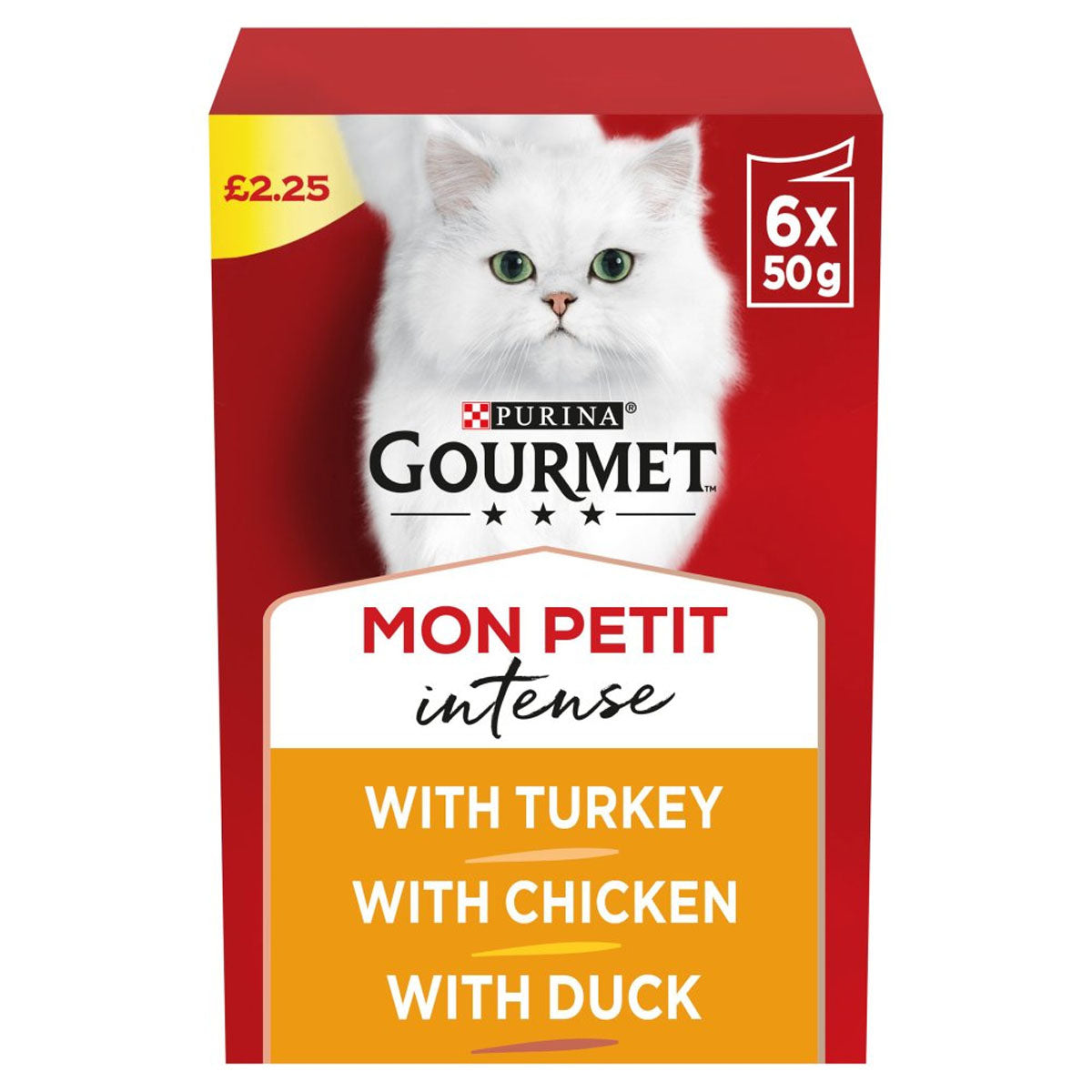 A box of Purina - Gourmet Mon Petit Intense in a Delicious Sauce - 6 x 50g (300g) with turkey and duck.